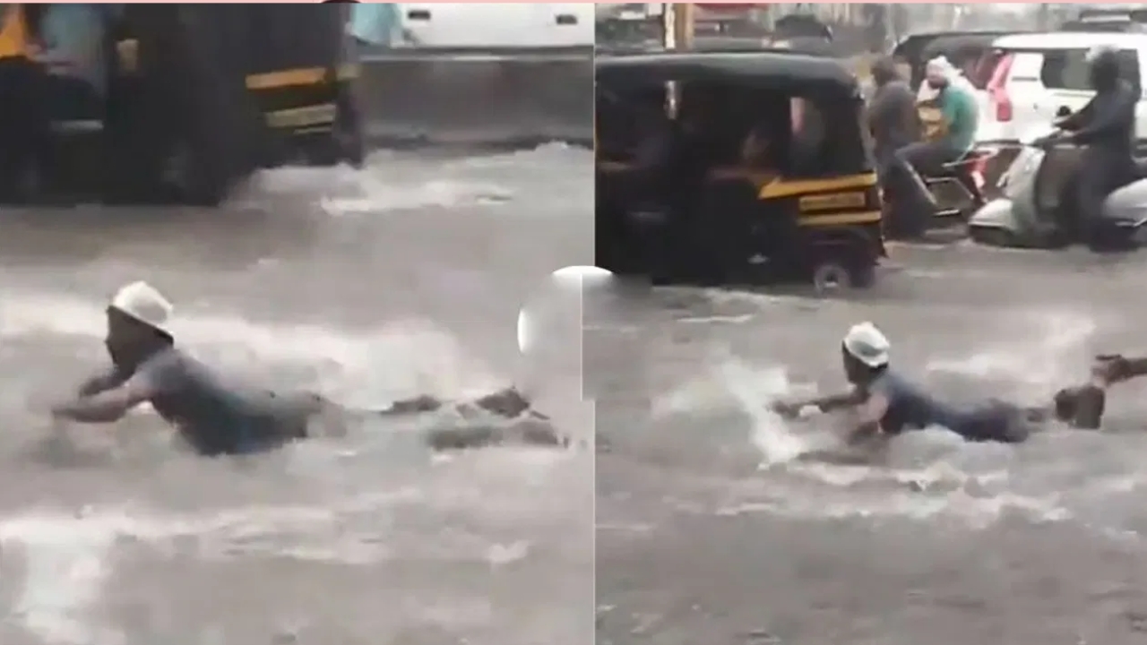Viral Video: వీడెవడండి బాబూ.. రోడ్డుపై నిలిచిన నీటిలో ఈతకొడుతున్నాడు..