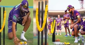 KKR Performs Pooja: మళ్లీ కప్ గెలవాలని.. KKR పూజలు.. వికెట్లకే దండేసి దండం పెట్టారు !