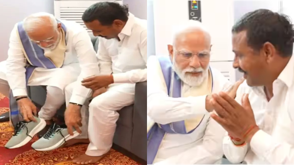 Modi meets Rampal: అభిమాని కాళ్లకు బూట్లు తొడిగిన ప్రధాని మోదీ..