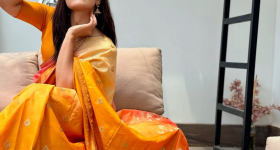 Rashmika Mandanna : ఆరేంజ్ కలర్ శారీలో క్యూట్ పోజులతో కట్టిపడేస్తున్న నేషనల్ క్రష్.. వారెవ్వా..