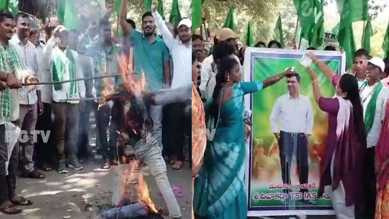 Mulugu Tribal Farmers: కేటీఆర్ దిష్టి బొమ్మ దహనం చేసిన గిరిజన రైతులు..