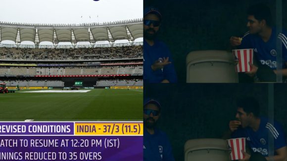 IND VS AUS:  భారీ వ‌ర్షం, 35 ఓవ‌ర్ల‌కు మ్యాచ్ కుదింపు..Popcorn తింటూ రోహిత్‌, గిల్ రిలాక్స్‌