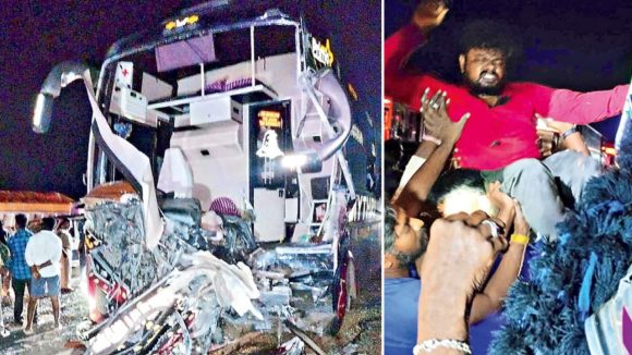 Nandyal Road Accident: నంద్యాల జిల్లాలో ఘోర రోడ్డు ప్రమాదం.. ట్రావెల్ బస్సు-రెండు లారీలు ఢీ