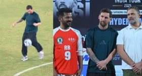 CM Revanth vs Lionel Messi: మెస్సీ కిక్ అదుర్స్‌..స్టేడియం రూఫ్ పైన ప‌డిన బంతి.. రాహుల్‌, రేవంత్ కు గిఫ్ట్