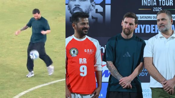 CM Revanth vs Lionel Messi: మెస్సీ కిక్ అదుర్స్‌..స్టేడియం రూఫ్ పైన ప‌డిన బంతి.. రాహుల్‌, రేవంత్ కు గిఫ్ట్