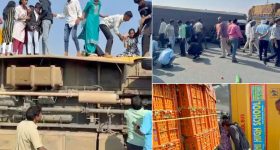 School Bus Accident:  శంషాబాద్‌ సమీపంలో ఘోర ప్రమాదం..  పాఠశాల బస్సు బోల్తా.. స్పాట్‌లో 60 మంది