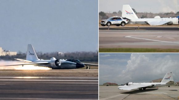 NASA Aircraft: నాసా రీసెర్చ్‌ విమానం.. ల్యాండింగ్‌ గేర్‌ లేకుండానే, వెనుక నుంచి భారీగా మంటలు