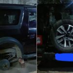 Thieves Steal Thar Tyres: దొంగల దుస్సాహసం.. కారులో వచ్చి థార్ టైర్లు చోరీ,  వాహనం కింద పడకుండా
