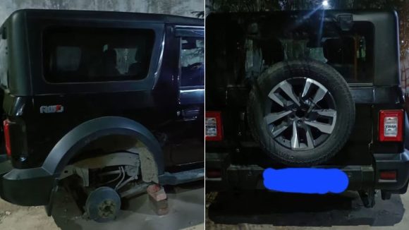 Thieves Steal Thar Tyres: దొంగల దుస్సాహసం.. కారులో వచ్చి థార్ టైర్లు చోరీ,  వాహనం కింద పడకుండా