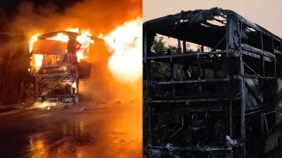 Private Travel Bus Fire: ఎన్టీఆర్ జిల్లా కీసర వద్ద ఘోరం.. మంటల్లో మరో ట్రావెల్స్ బస్సు.. స్పాట్‌లో 39 మంది