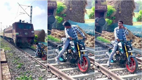 బైకుతో రైలు లాగేందుకు ప్రయత్నం.. వాడిని లోపలేసి కుమ్మేయాలంటూ నెటిజన్స్ ఆగ్రహం!