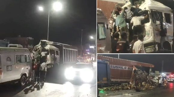 హయత్‌నగర్‌‌లో ఘోర రోడ్డు ప్రమాదం..  కంటైనర్ లారీని ఢీ కొట్టిన మరొక లారీ, భారీగా ట్రాఫిక్ జామ్