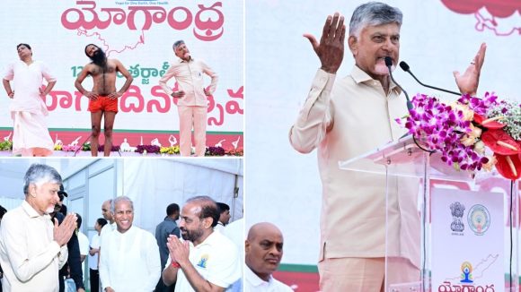 టెక్నాలజీకే కాదు.. ఆధ్యాత్మిక కేంద్రంగా ఏపీ.. యోగా గురు బాబా రాందేవ్‌‌తో  సీఎం చంద్రబాబు యోగాసనాలు