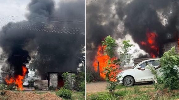 మణుగూరు పట్టణం.. మంటల్లో వాహనాల షోరూం, తగలబడిన ఐదు కార్లు