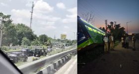ప్రమాదానికి గురైన ట్రావెల్ బస్సు.. 30 మంది ప్రయాణికులు, చౌటుప్పల్ వద్ద ఘటన