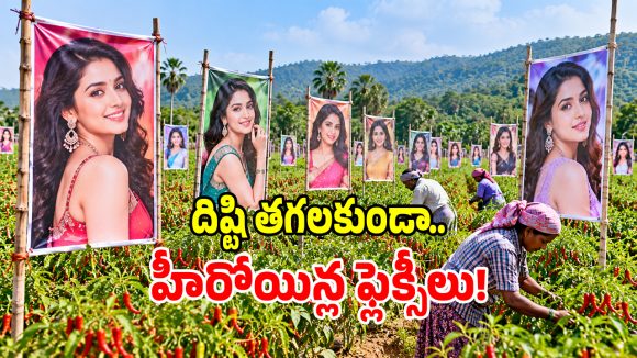భద్రాద్రి కొత్తగూడెం జిల్లాలో వింత దృశ్యం.. మిరప తోటల్లో సినీ తారల ఫ్లెక్సీలు!