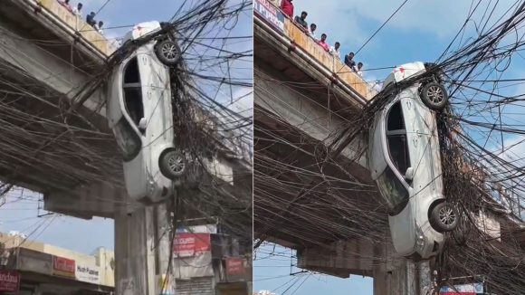 ఘోర రోడ్డు ప్రమాదం.. బ్రిడ్జి పైనుంచి దూసుకెళ్లిన కారు, విద్యుత్ తీగల మధ్యలో